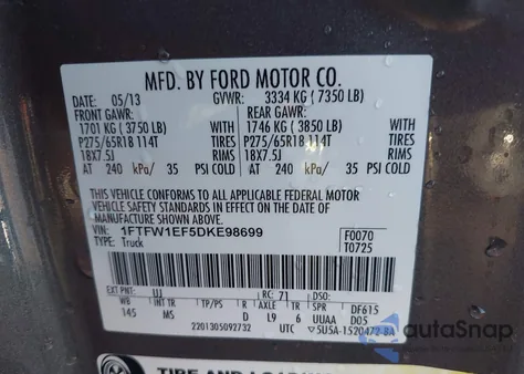 2013 Ford F-150 Xlt z USA, uszkodzony, nr VIN 1FTFW1EF5DKE98699